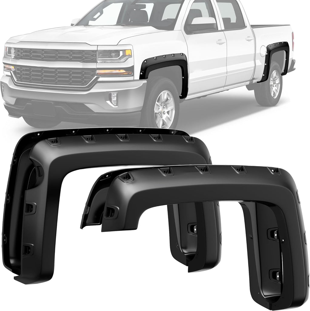 YITAMOTOR® Smooth Fender Flares Compatible with 2014-2018 Chevrolet Silverado 1500 5.8'（Short Bed）, Pocket Bolt-Riveted Style, 4 Pcs Paintable Wheel Flares