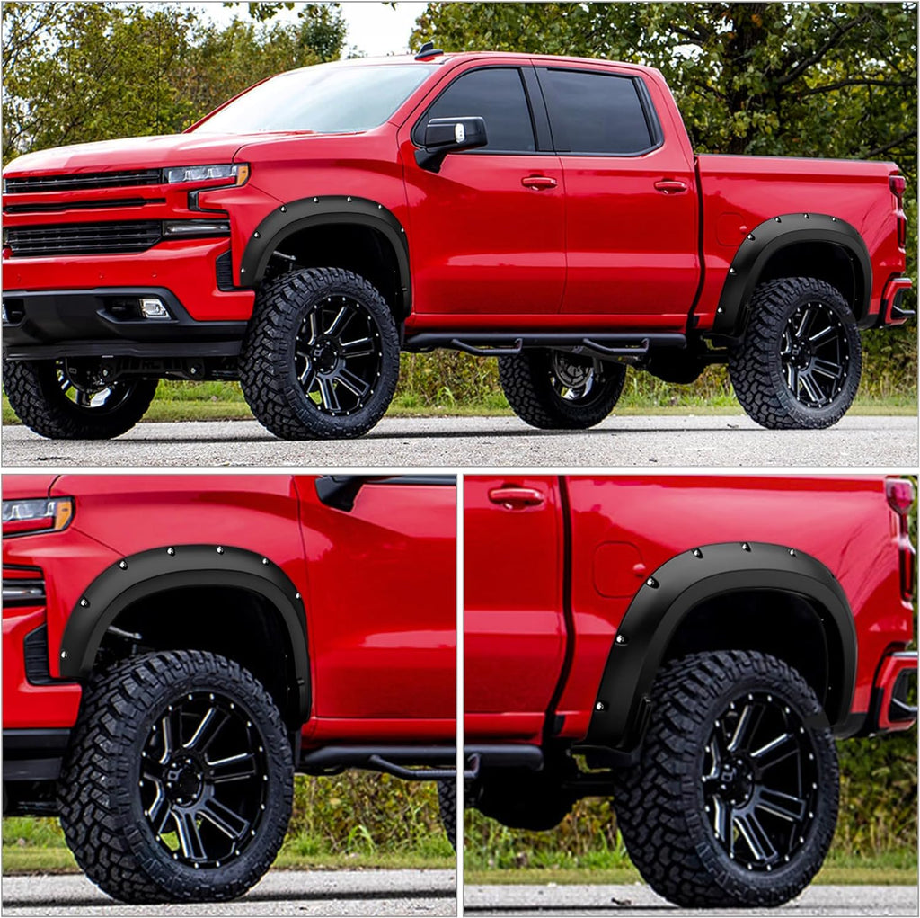 YITAMOTOR® Smooth Fender Flares Compatible with 2019-2023 Chevrolet Silverado 1500 Pocket Bolt-Riveted Style, 4 Pcs Paintable Wheel Flares