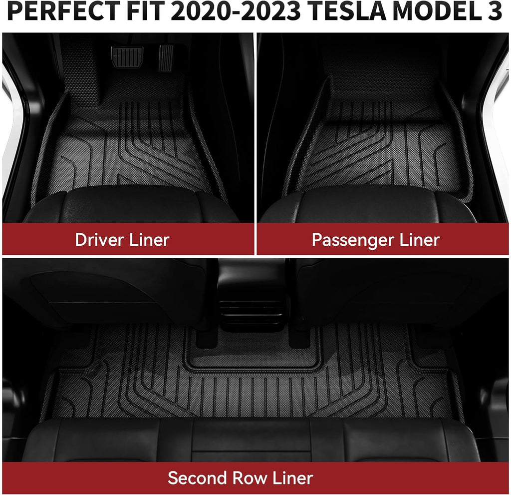 YITAMOTOR® Tesla Model 3 Floor Mats Set Custom Fit 2020-2024, TPE All-Weather Cargo Liners Rear Cargo Tray Trunk Automotive Floor Mat Interior Accessories, Black