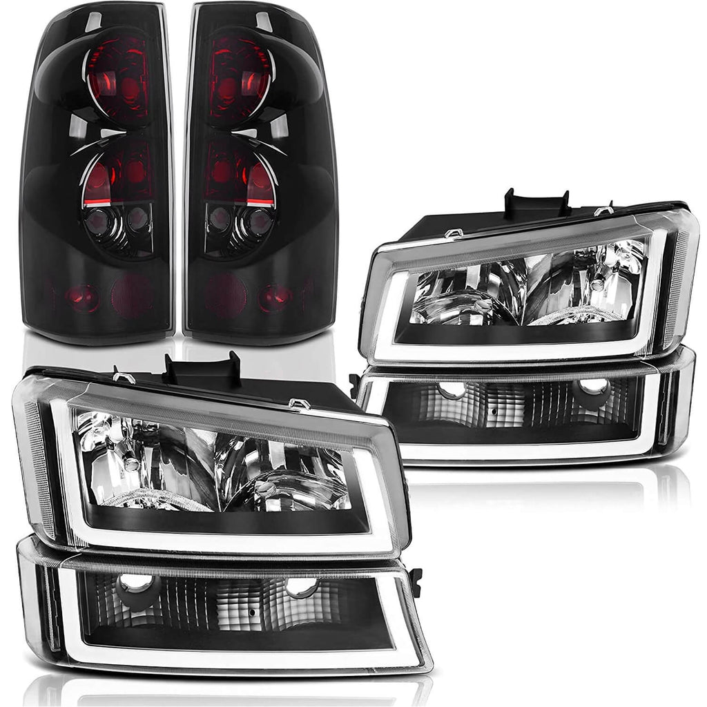 2003-2006 Chevy Silverado LED DRL Clear Headlights + Smoke Lens Taillights