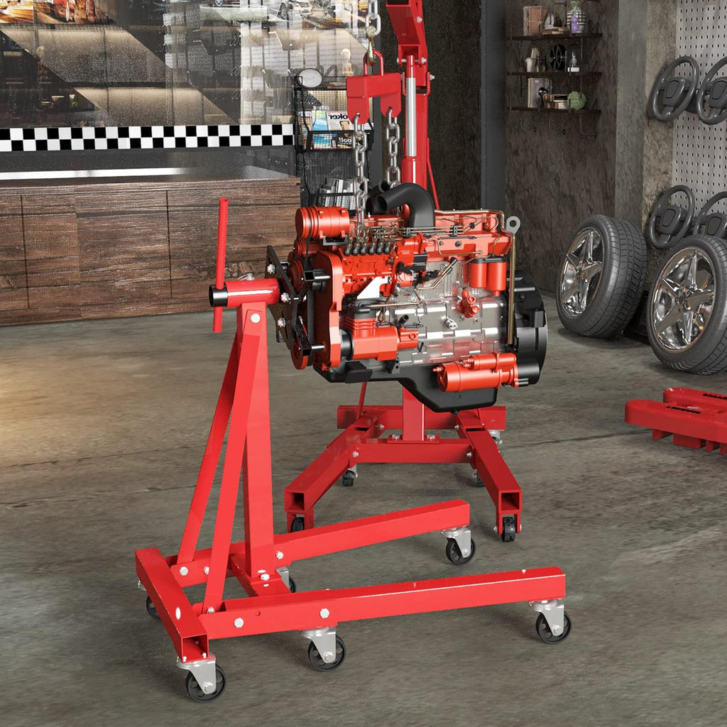 Engine Stand, 1250lbs Capacity Engine Motor Stand with 360 Degree Rotating Head, Heavy-Duty Engine Lift Stand with 6 Swivel Casters, 4 Adjustable Arms, Red