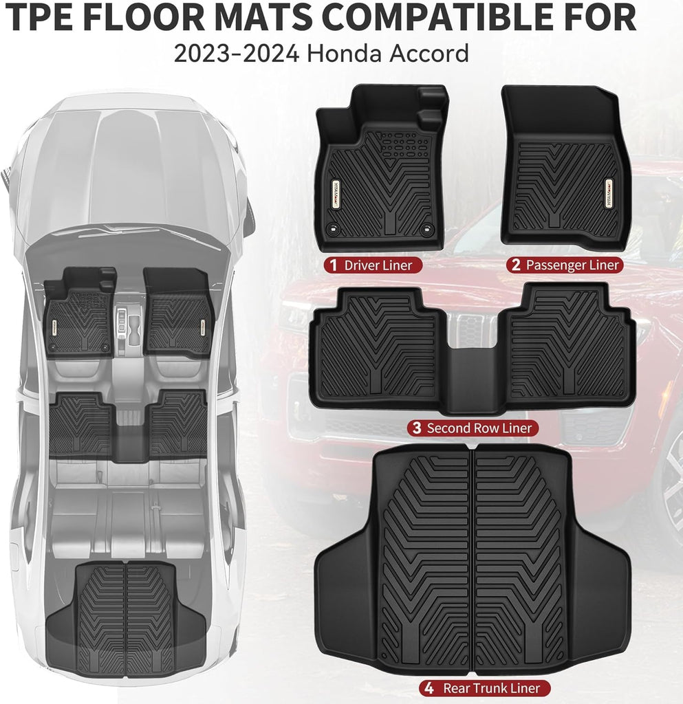 YITAMOTOR® Floor Mats for Honda Accord 2023 2024 & Honda Accord Hybrid All Weather TPE Floor Liner for Honda Accord Accessories, 1st, 2nd Row and Cargo Liners Full Set, Black