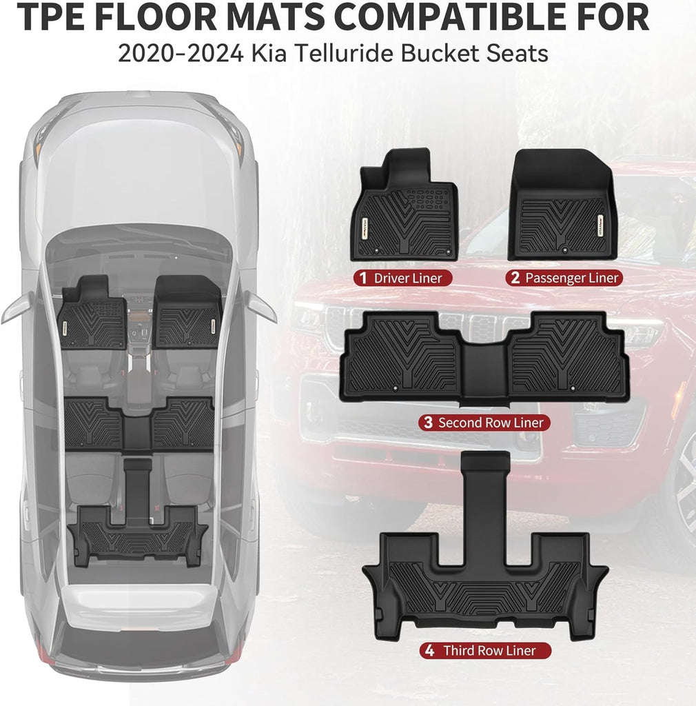 YITAMOTOR® Floor Mats for 2020-2024 Kia Telluride with 2nd Bucket Seats Without Center Console, Custom Fit TPE All Weather Kia Telluride 3 Row Floor Mats Automotive Floor Liners, Black