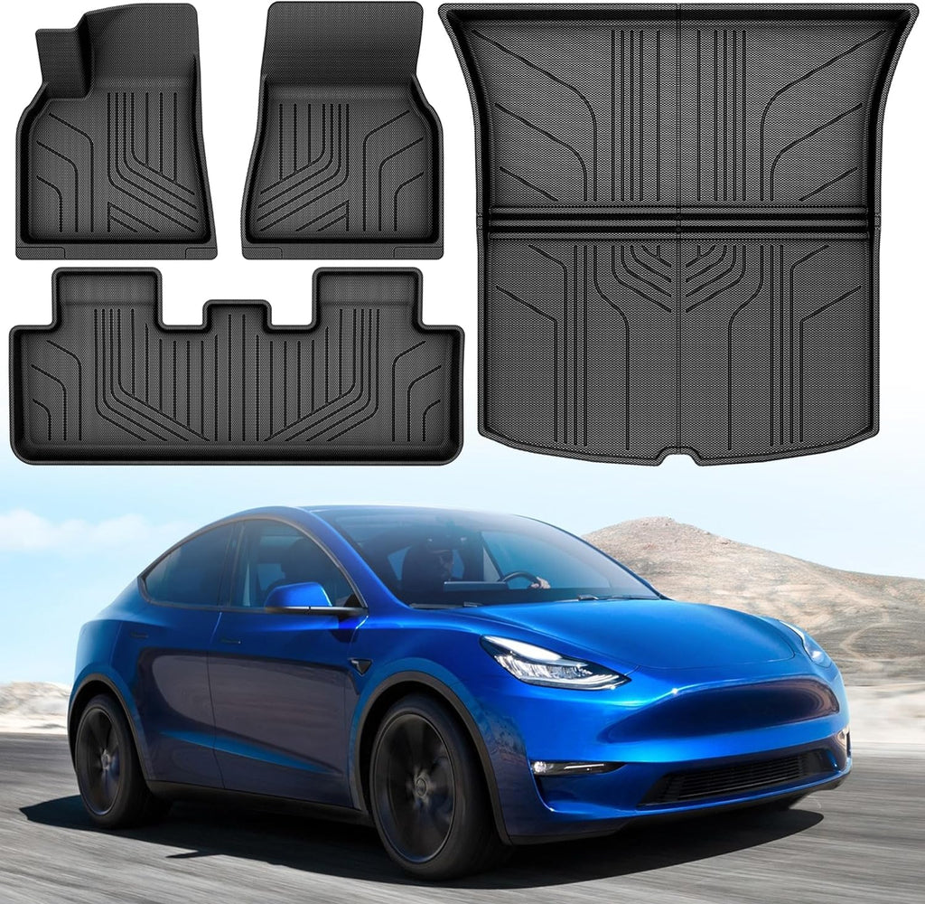 YITAMOTOR® Tesla Model Y Floor Mats Set Custom Fit 2020-2023, TPE All-Weather Cargo Liners Rear Cargo Tray Trunk Automotive Floor Mat Interior Accessories, Black
