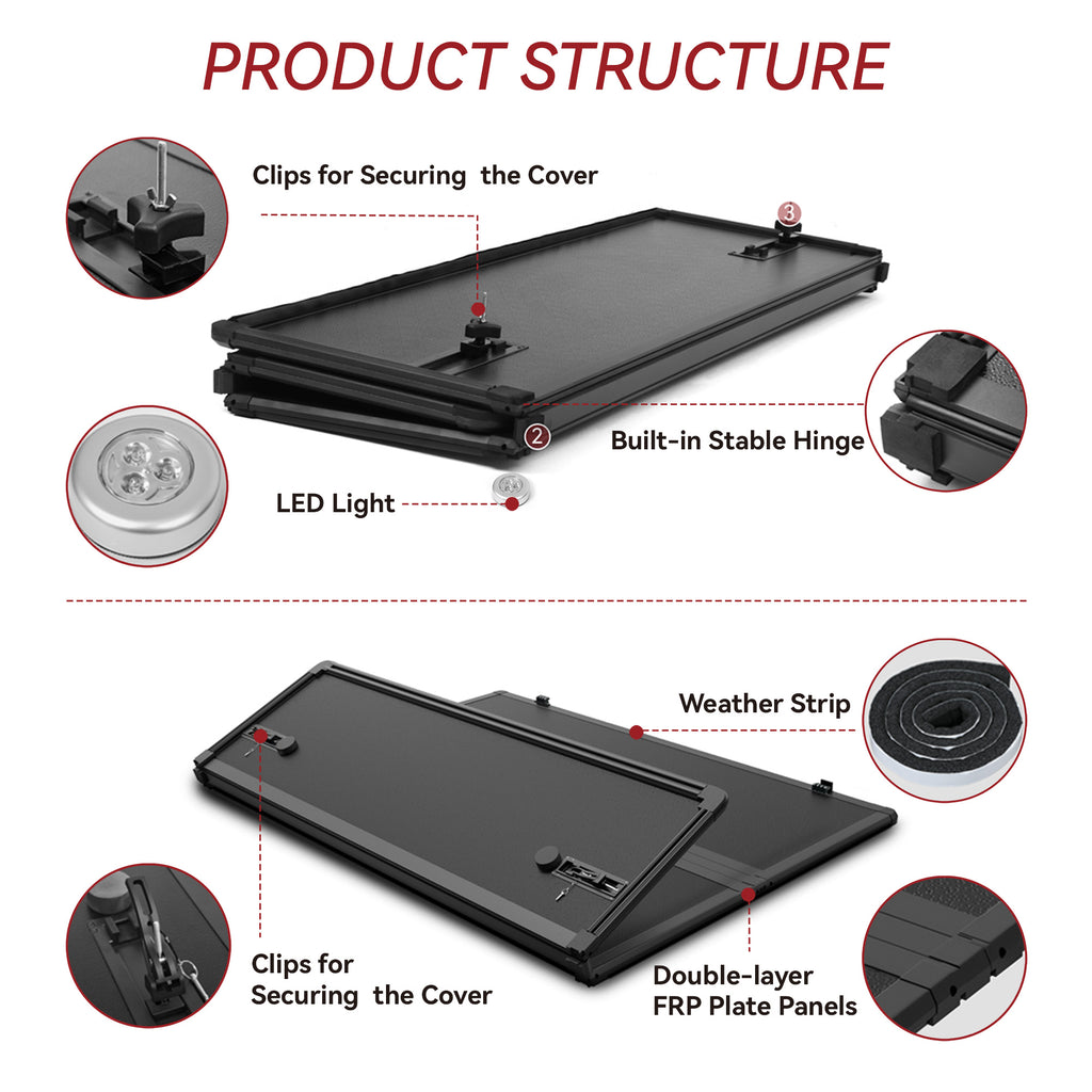 YITAMOTOR® 6ft Hard Tri-Fold Tonneau Cover for 2016-2023 Toyota Tacoma, Pickup Truck Bed Top
