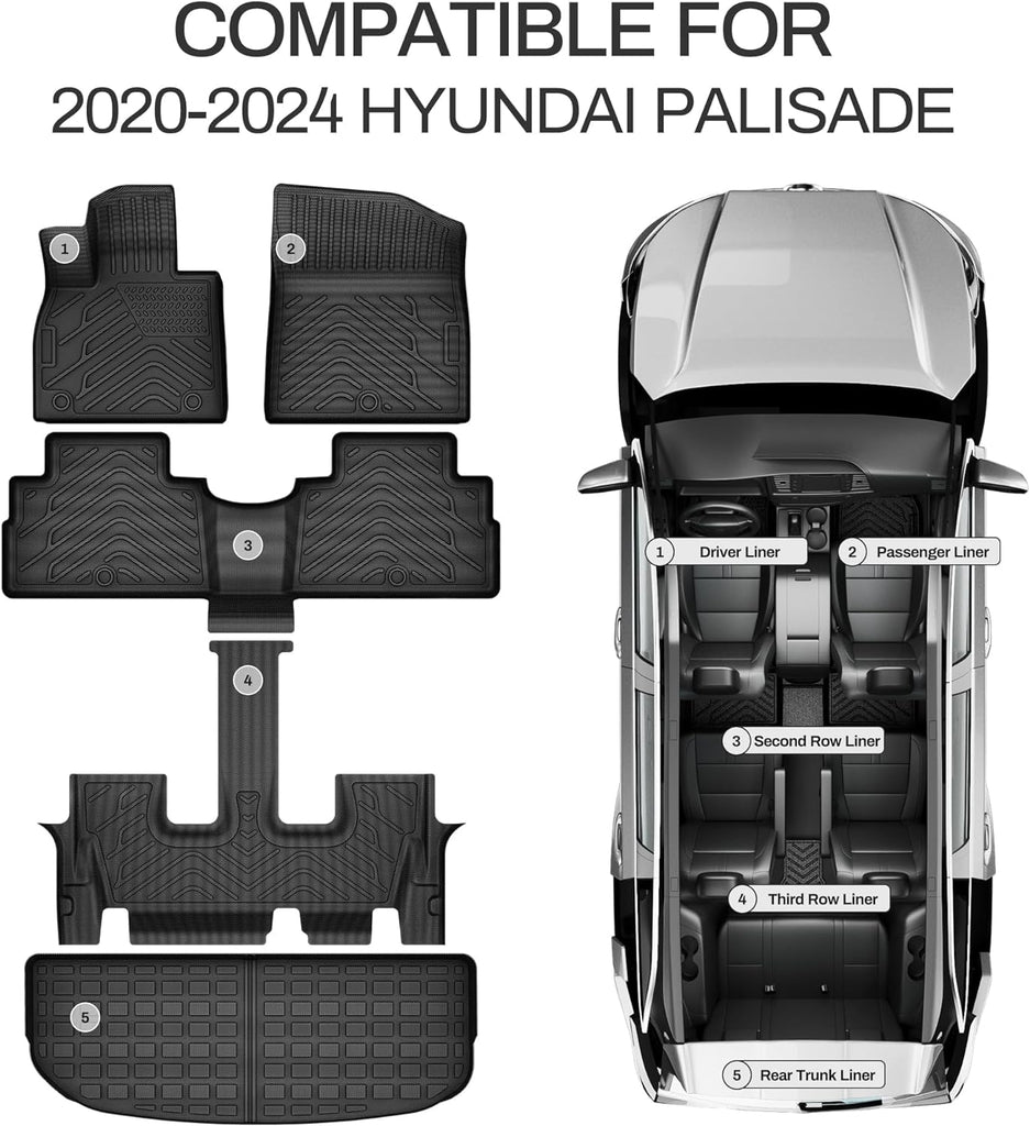 YITAMOTOR® Floor Mats for 2020-2024 Hyundai Palisade with Bucket Seats, All Weather Custom Fit for Hyundai Palisade 3 Row Floor Mats & Cargo Liner Behind The 3rd Row, Black