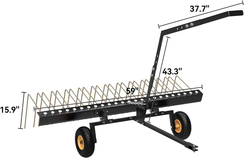 Remolque ATV de 60" detrás del rastrillo de césped, rastrillo de paja de pino de acero resistente a la corrosión duradero