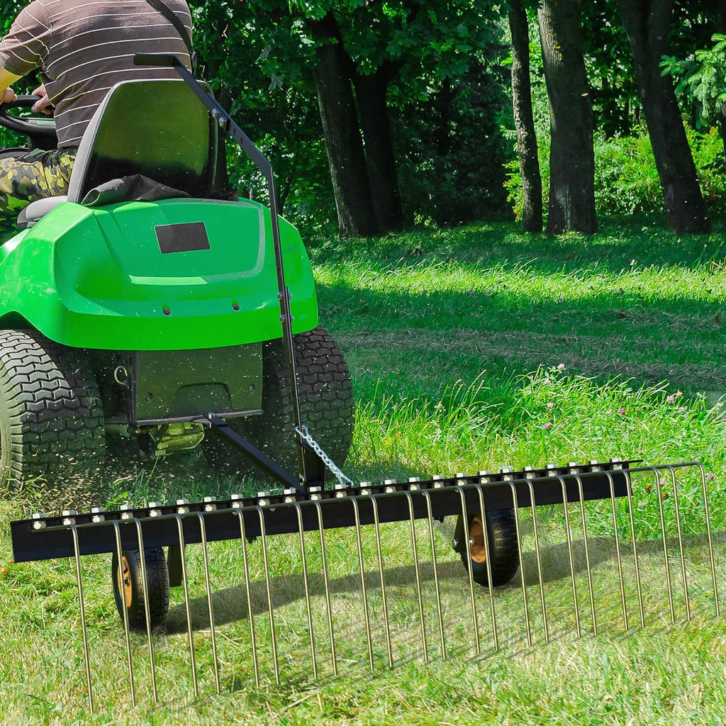 Remolque ATV de 60" detrás del rastrillo de césped, rastrillo de paja de pino de acero resistente a la corrosión duradero