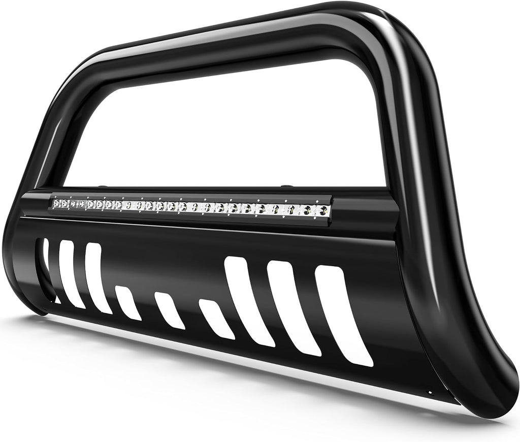 YITAMOTOR® Bull Bar compatible con Nissan Frontier 2005-2021 con barra de luz LED, protector de cepillo de tubo de 3" para camioneta, barra de empuje para parachoques delantero con placa protectora de rejilla
