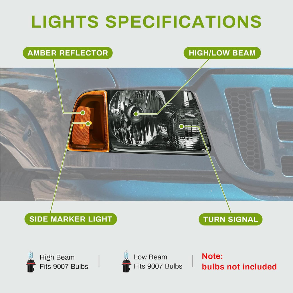 YITAMOTOR® Headlight Assembly For 2001-2011 Ford Ranger Chrome Smoke Lens Corner Headlamps