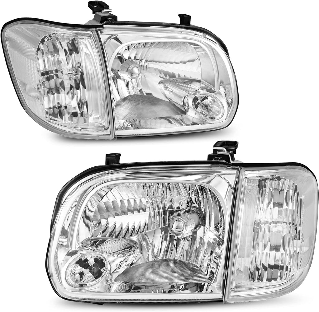YITAMOTOR® Headlight Assembly Compatible with 2005-2006 Tundra Double/Crew Cab 2005 2006 2007 Sequoia Chrome Housing Clear Lens Clear Reflector (Not suitable for Regular Cab and Assess Cab)
