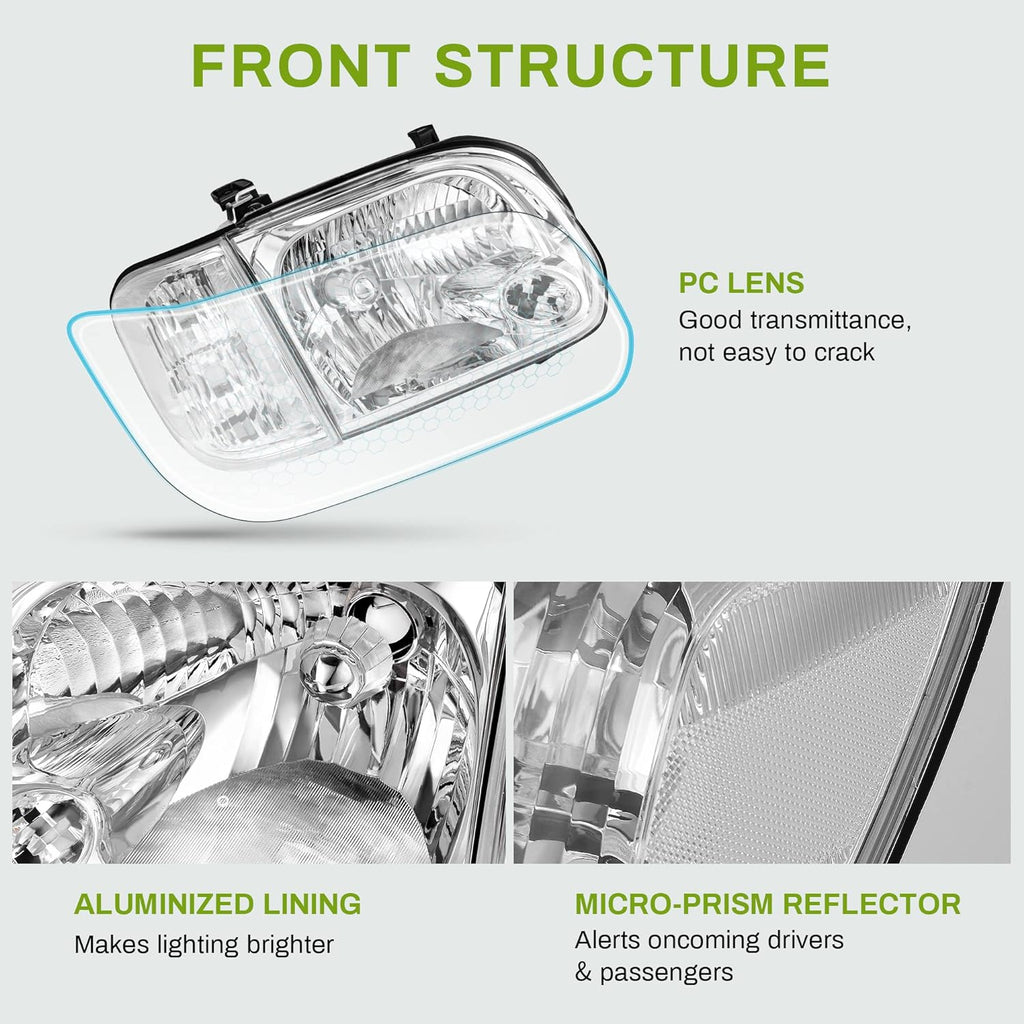 YITAMOTOR® Headlight Assembly Compatible with 2005-2006 Tundra Double/Crew Cab 2005 2006 2007 Sequoia Chrome Housing Clear Lens Clear Reflector (Not suitable for Regular Cab and Assess Cab)