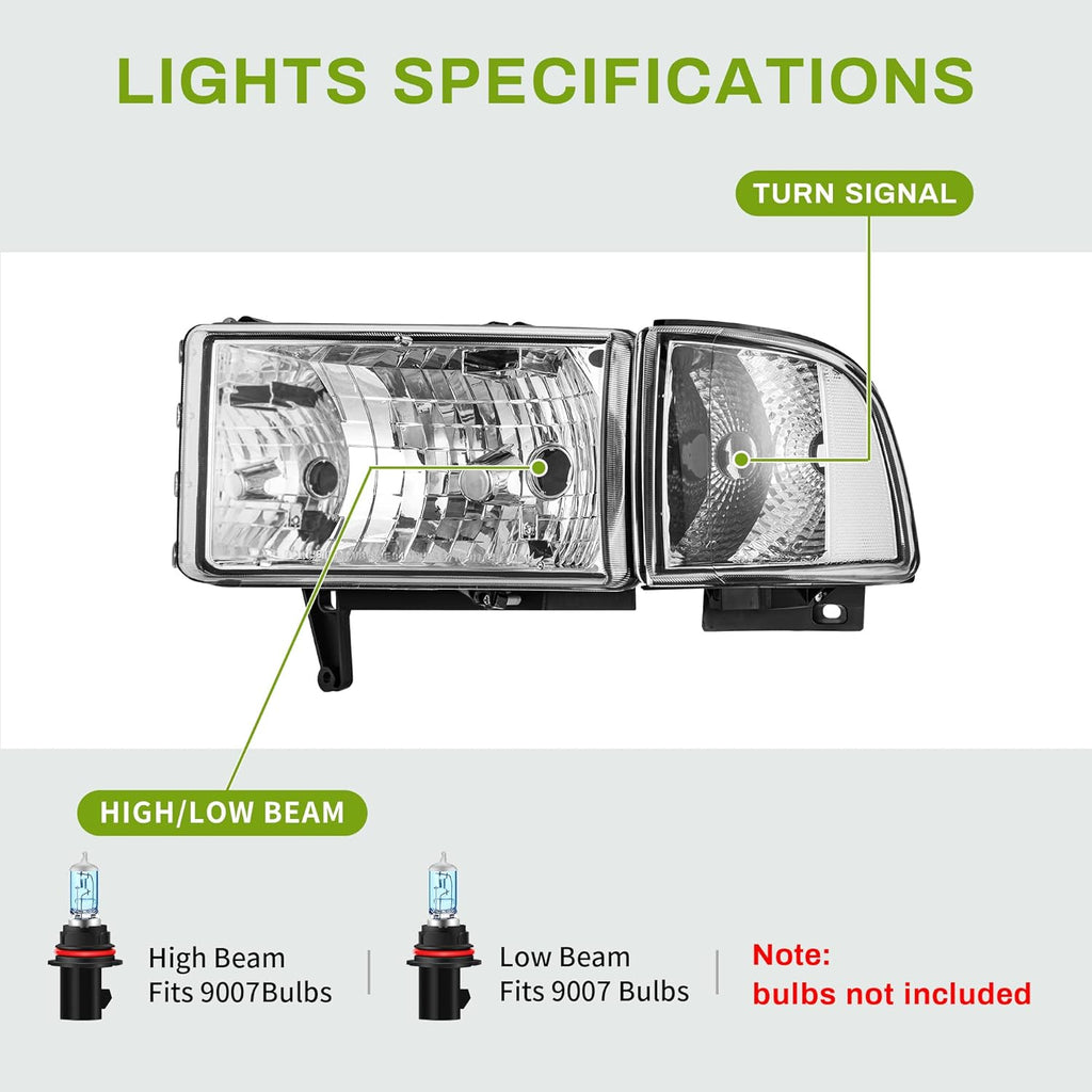 YITAMOTOR® Headlights Assembly Compatible with 1994-2001 Dodge Ram 1500/1994-2002 Ram 2500 3500 Chrome Housing Clear Reflector Clear Lens with Corner Lights