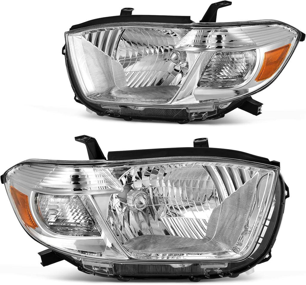 YITAMOTOR® Headlights Assembly Pair Compatible with 2008 2009 2010 Highlander Headlamps Aftermarket Replacement Chrome Housing Amber Reflector Clear Lens