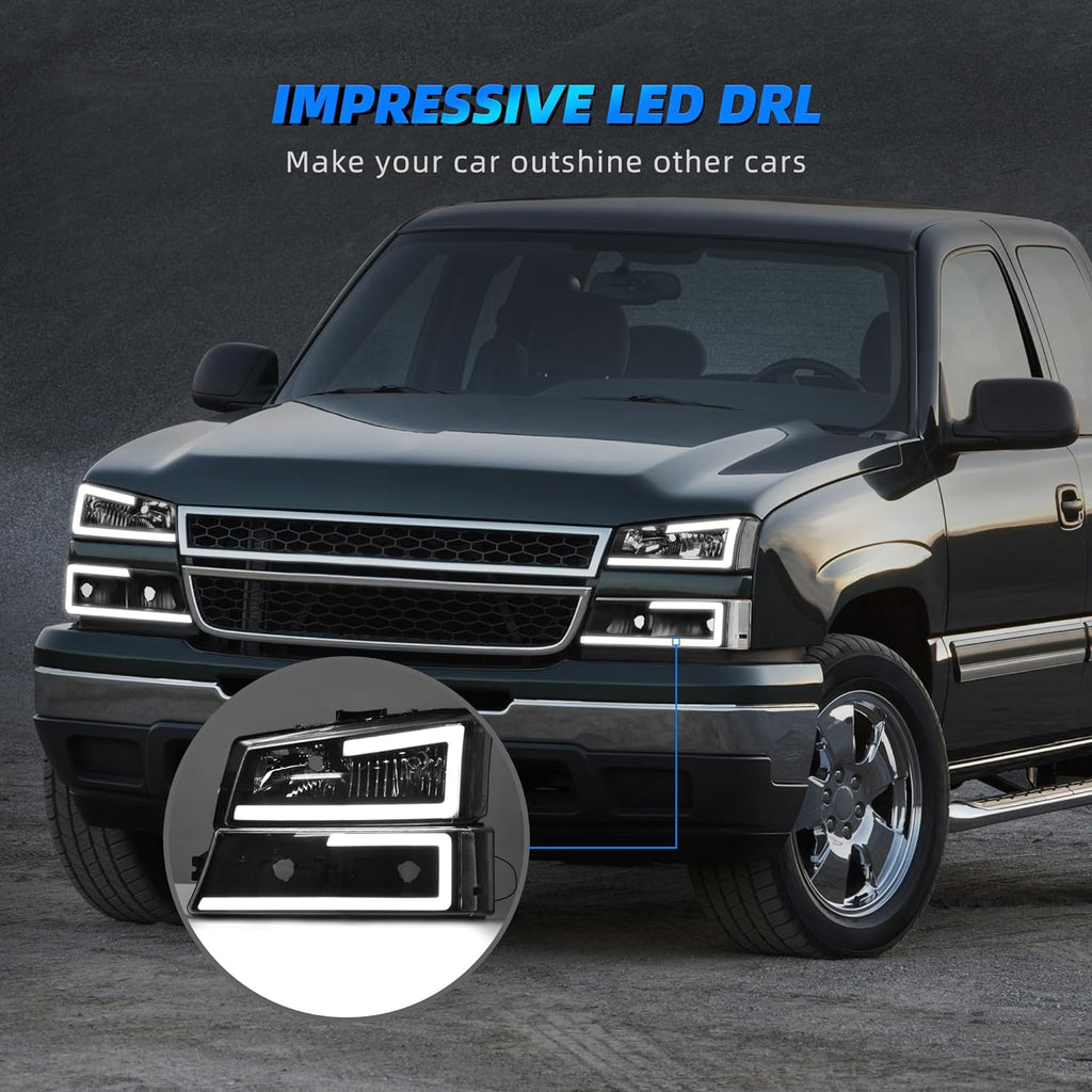 YITAMOTOR® LED DRL Headlight Assembly Compatible with 2003 2004 2005 2006 Chevy Silverado / 2007 Silverado Classic / 03-06 Chevrolet Avalanche (Without Body Cladding) Headlamp Chrome Housing