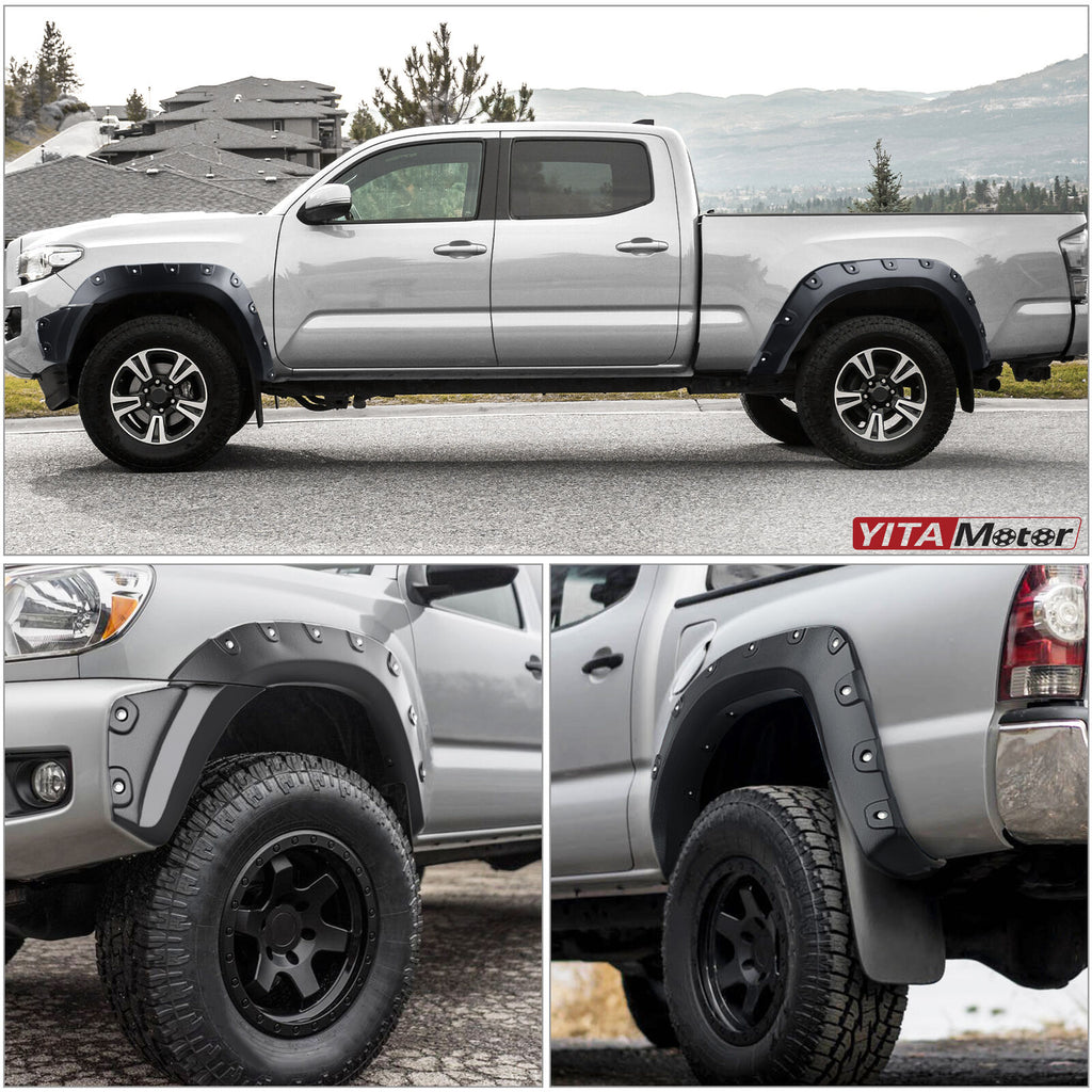 YITAMOTOR® Fender Flares, Compatible with 2012-2015 Toyota Tacoma (73.5" Long Bed), Textured Black Finish Pocket Rivet Style Front & Rear Wheel Flares 4PCS