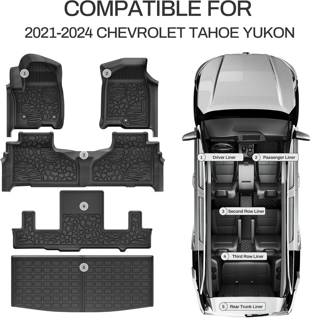 YITAMOTOR® Custom Fit All-Weather Floor Mats & Cargo Liner for 2021-2024 Chevrolet Tahoe/GMC Yukon/Cadillac Escalade (Yukon Denali) with 2nd Row Bucket Seats, TPE Trunk Mats & Car Mats Set