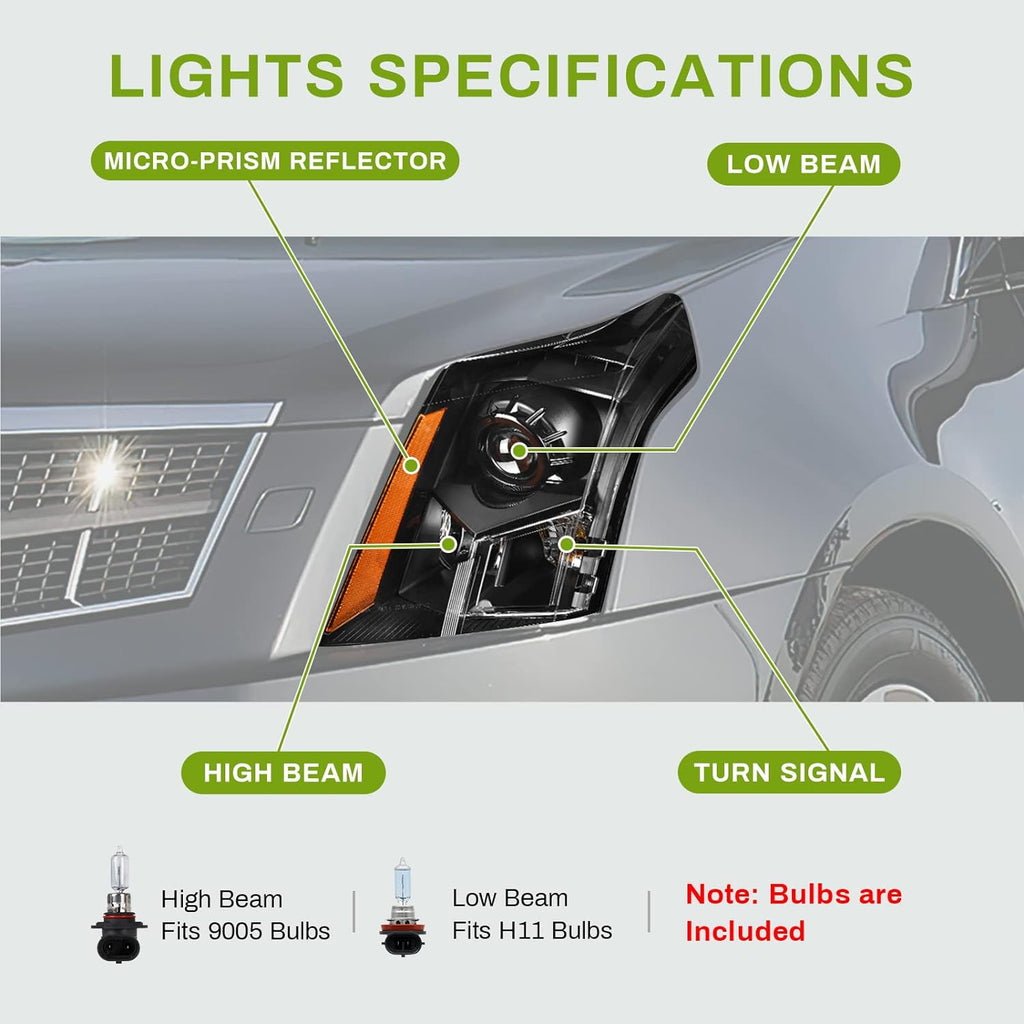 YITAMOTOR® Conjunto de faros delanteros compatible con Cadillac SRX 2010-2016 (solo modelos de faros halógenos) Carcasa negra Lente transparente Reflector ámbar