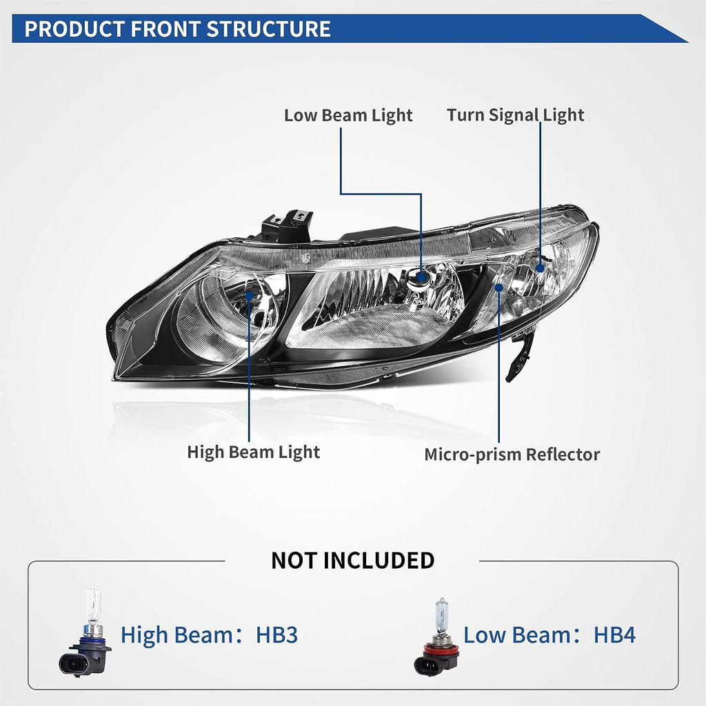 YITAMOTOR® Front Headlights for 2006-2011 Honda Civic Sedan 4Dr Black Housing Smoke Lens