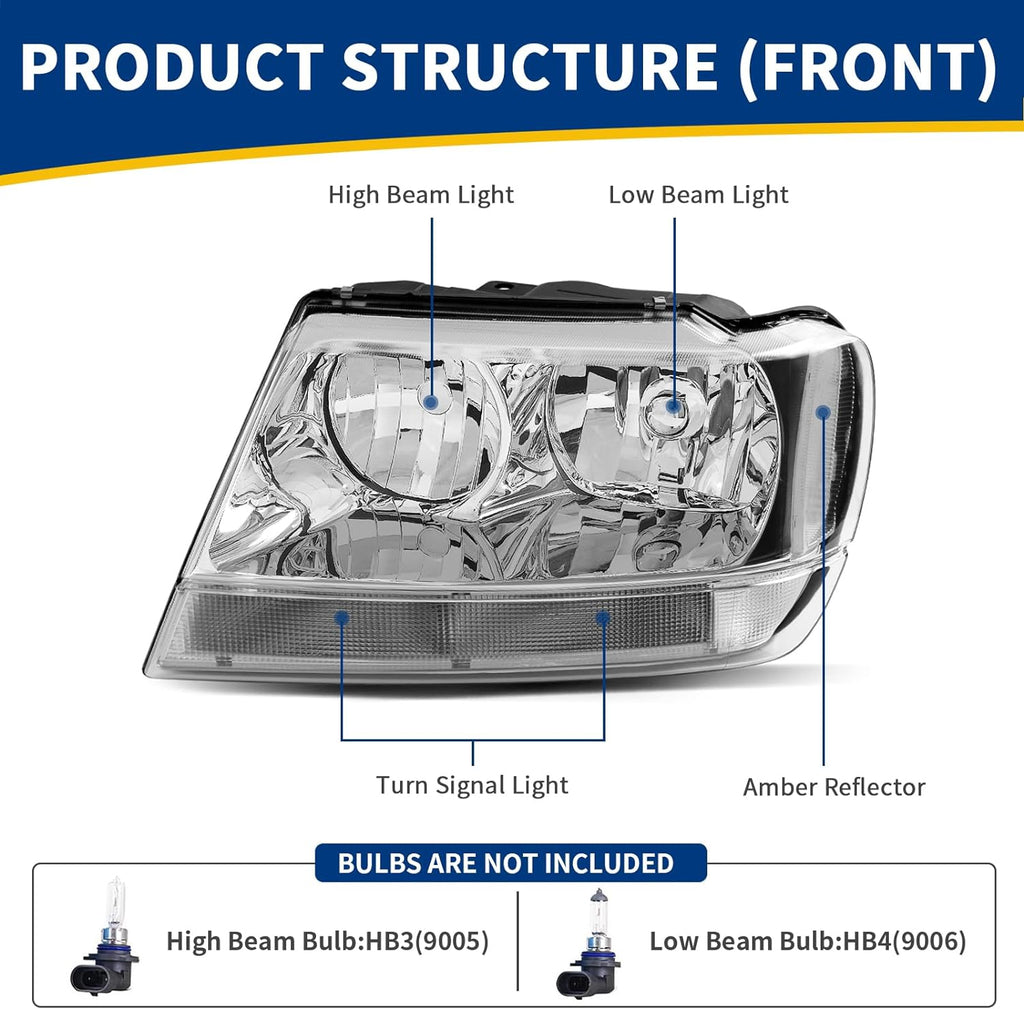 Headlight Assembly Compatible with 1999 - 2004 Grand Cherokee OE Replacement Headlamp Chrome Housing Clear Reflector Clear Lens