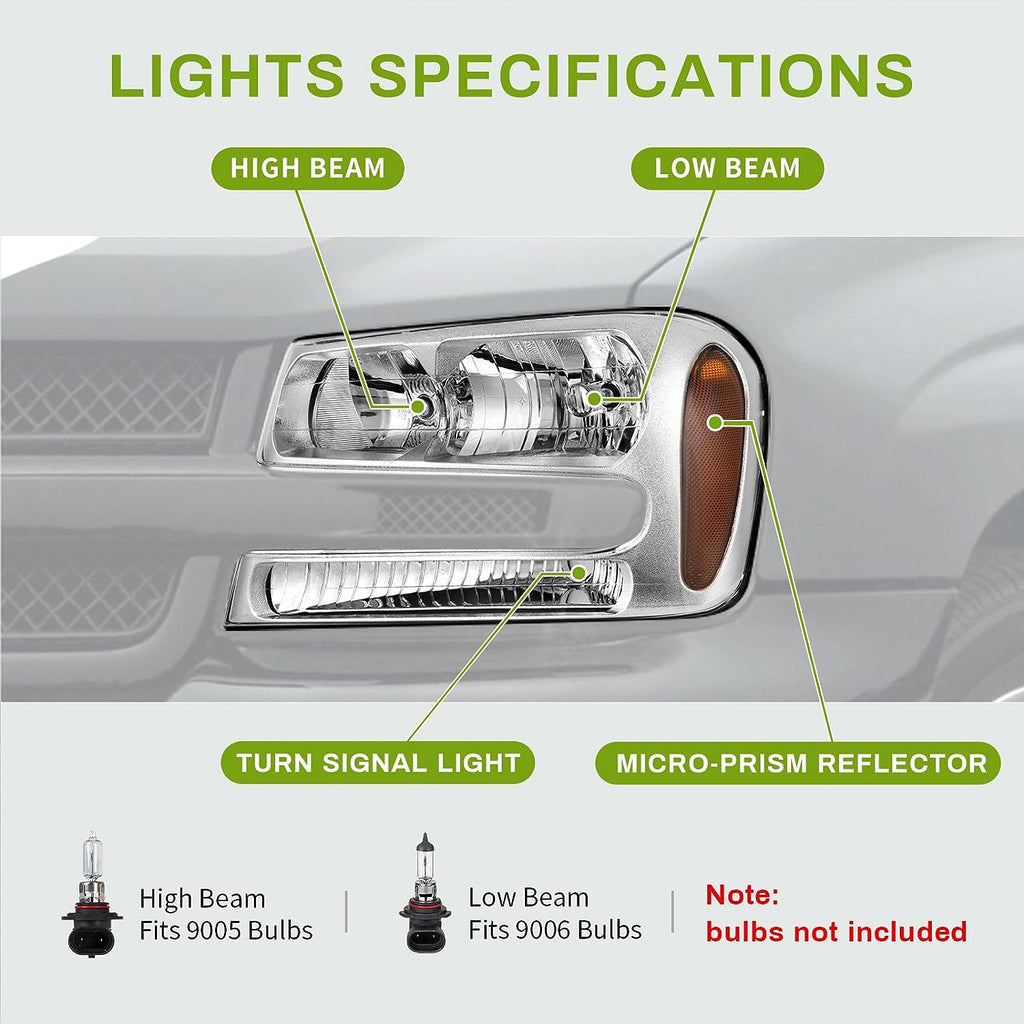 YITAMOTOR® Headlight Assembly for Trailblazer 2002-2009 Replacement Chrome Housing Headlamp