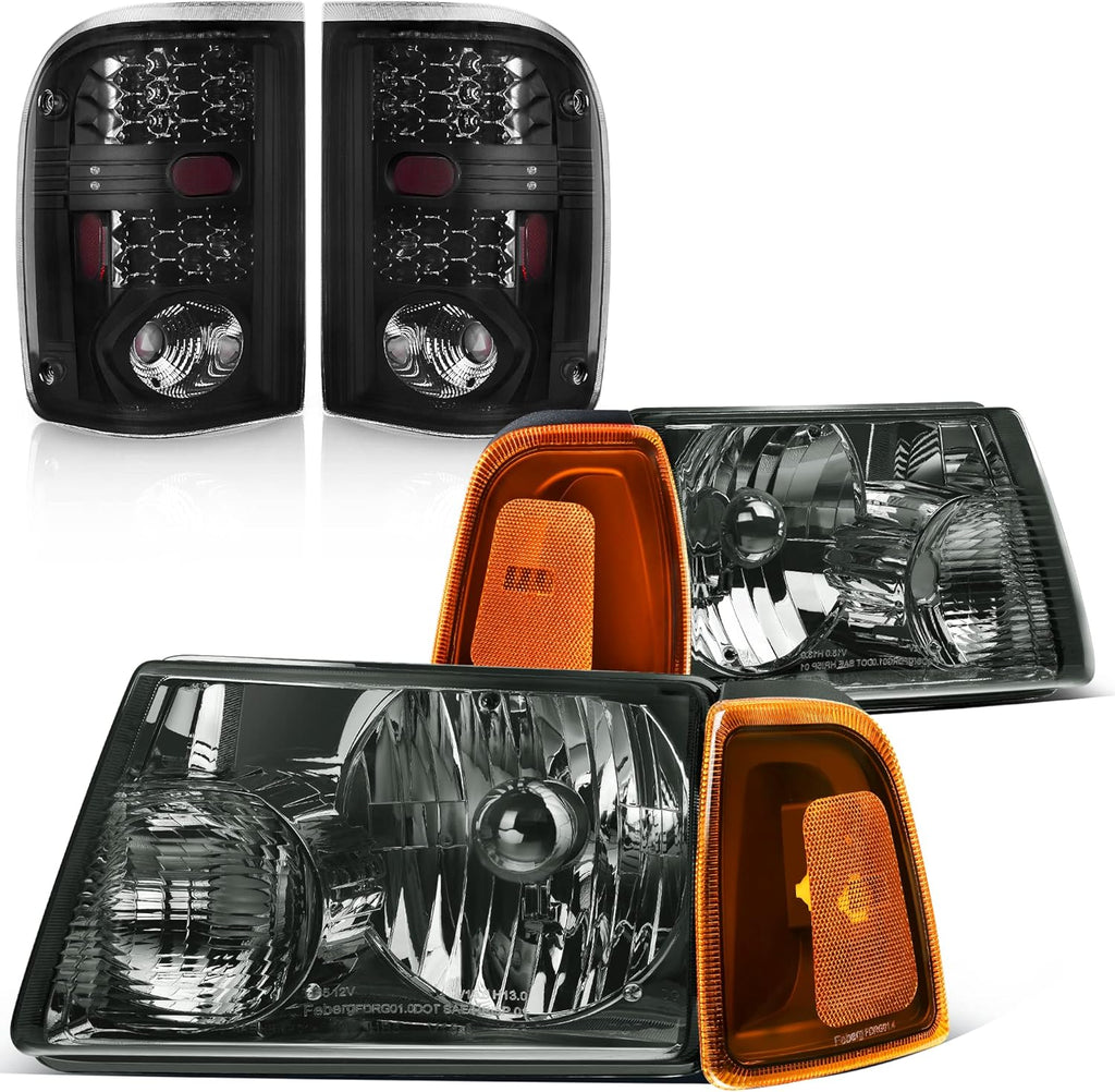 YITAMOTOR® Headlight Assembly Taillights Combo Compatible with Ford Ranger 2001-2005 Smoke Housing Replacement Headlights + Smoke Lens Tail Lights