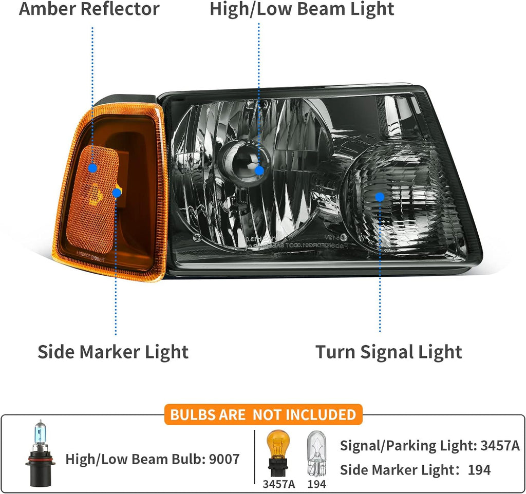 YITAMOTOR® Headlight Assembly Taillights Combo Compatible with Ford Ranger 2001-2005 Smoke Housing Replacement Headlights + Smoke Lens Tail Lights