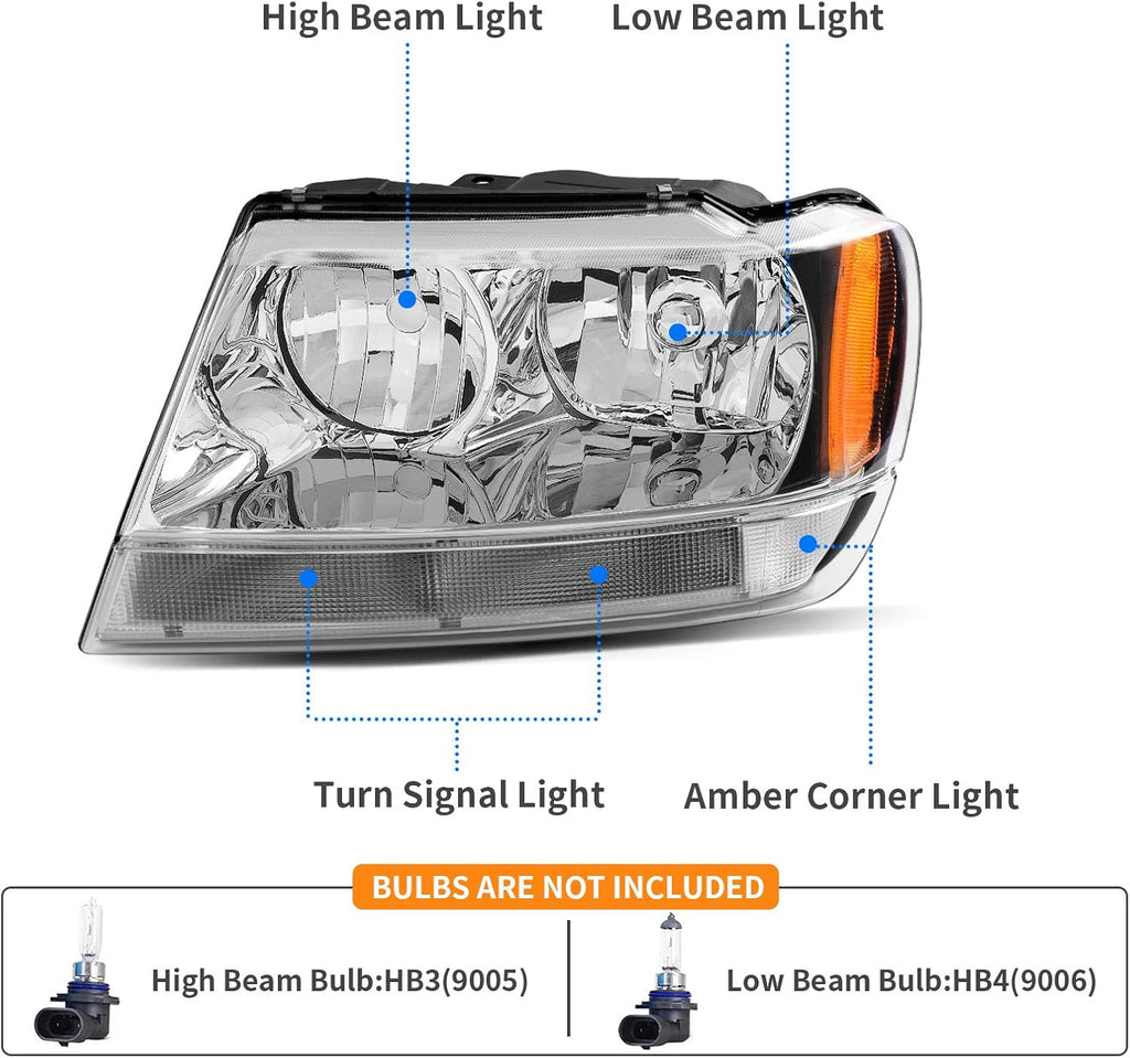 YITAMOTOR® Headlight Assembly Compatible with 1999-2004 Jeep Grand Cherokee Headlamp Chrome Housing Amber Reflector Clear Lens Driver and Passenger Side