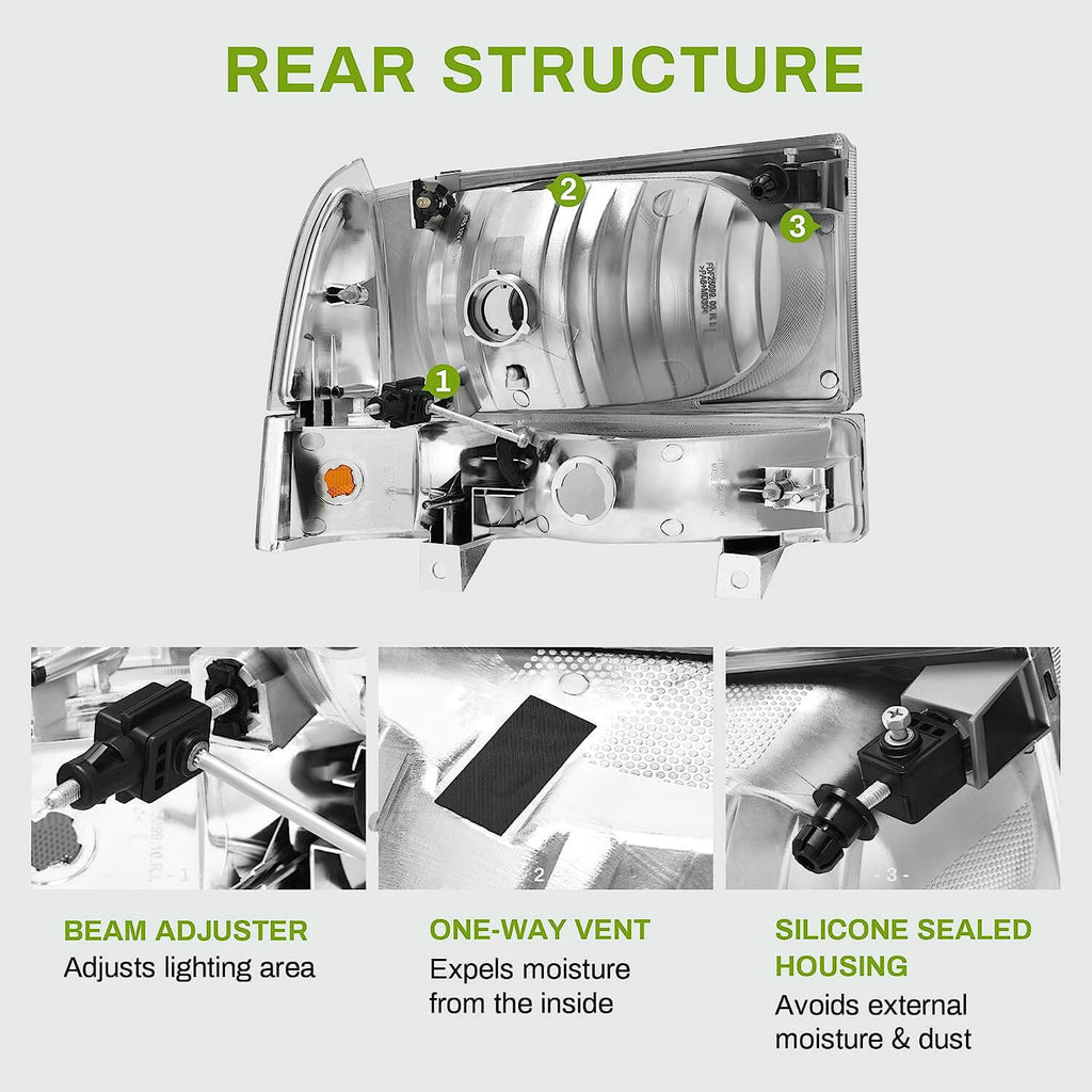 YITAMOTOR® 1999-2004 Ford F250 | F350 | F450 | F550 | Super Duty | Excursion Headlights Assembly Chrome Housing