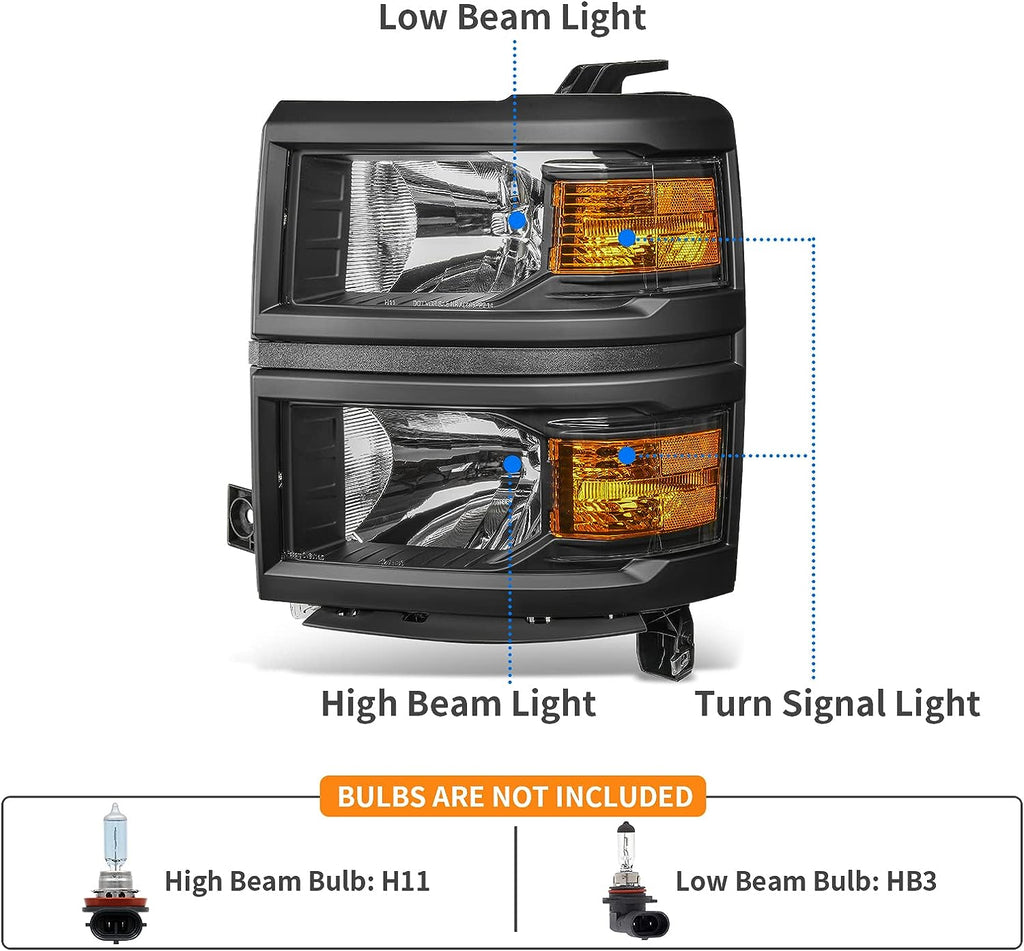 YITAMOTOR® For 14-15  Chevy Silverado 1500 Black Amber Corner Headlight Peplacement Headlamp