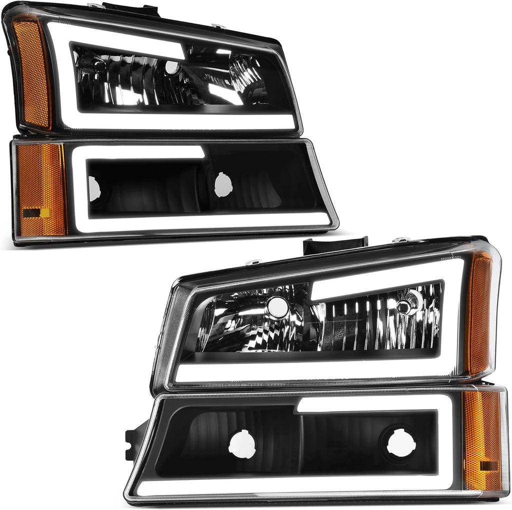 LED DRL Headlight Assembly Compatible with 2003-2006 Chevy Silverado / 2007 Chevy Silverado Classic / 03-06 Chevrolet Avalanche (Without Body Cladding) Pickup Headlamp Pair Black Housing