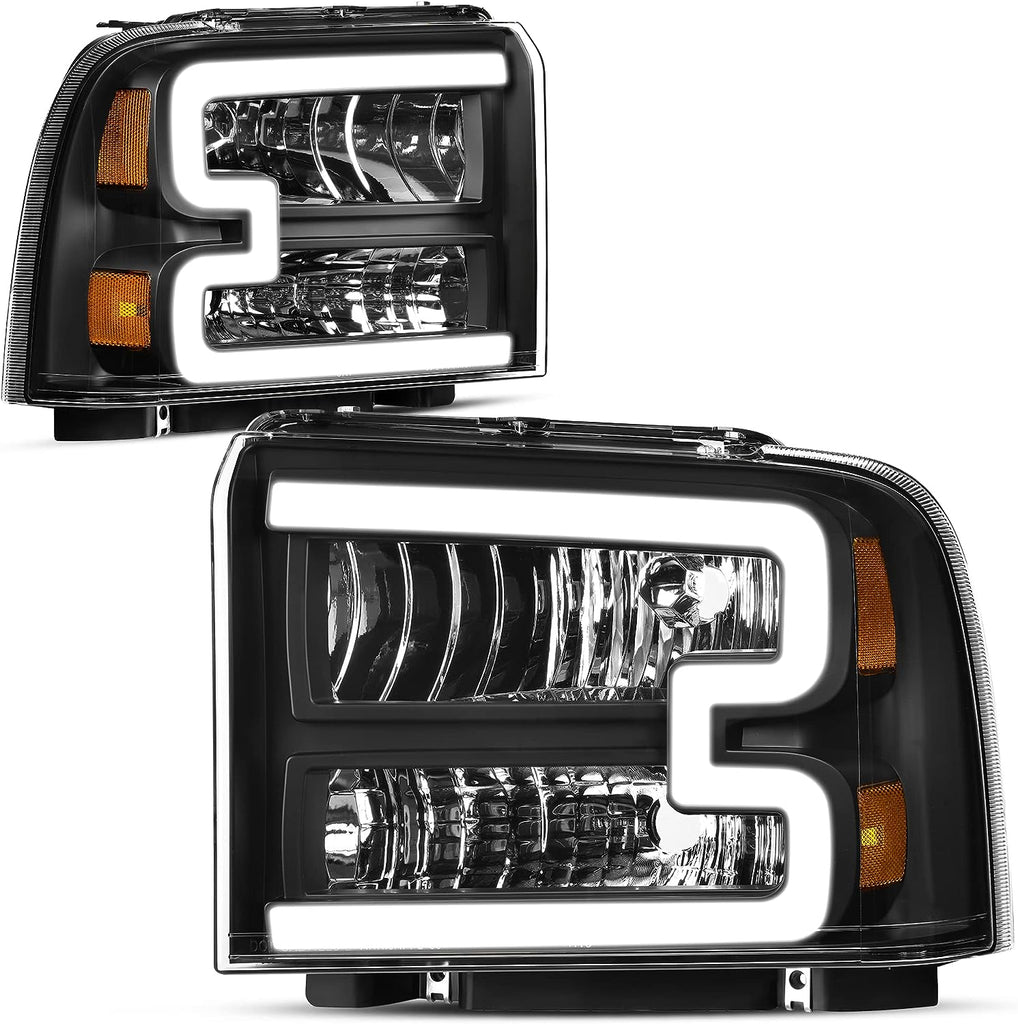 YITAMOTOR® LED DRL Headlight Assembly For 2005-2007 Ford F-250 F-350 F-450 F-550 Super Duty / 2005 Ford Excursion Headlamp Replacement Pair Black Housing Headlights