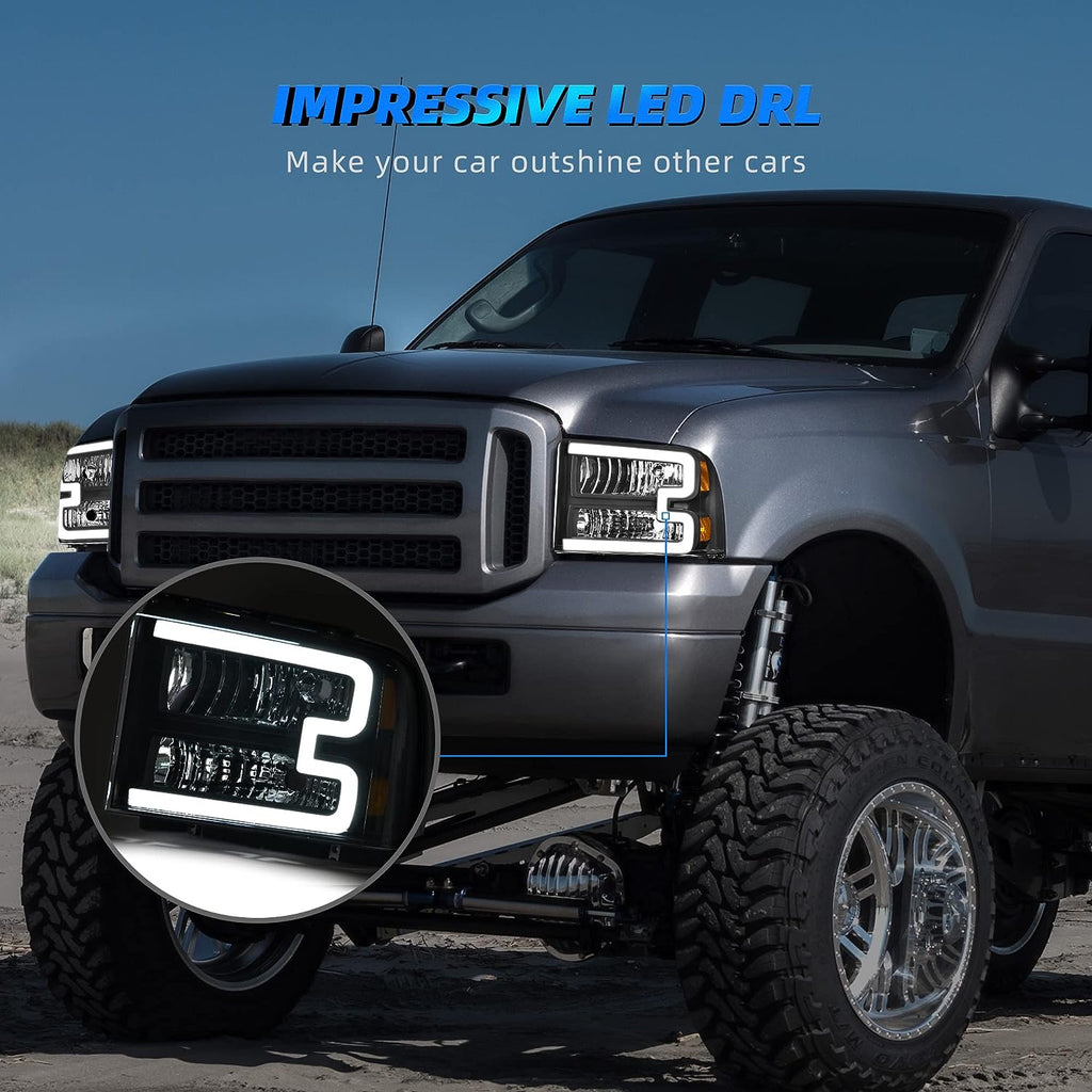 YITAMOTOR® LED DRL TUBE Headlights For 2005-2007 Ford F250 F350 Super Duty Pair Headlamp