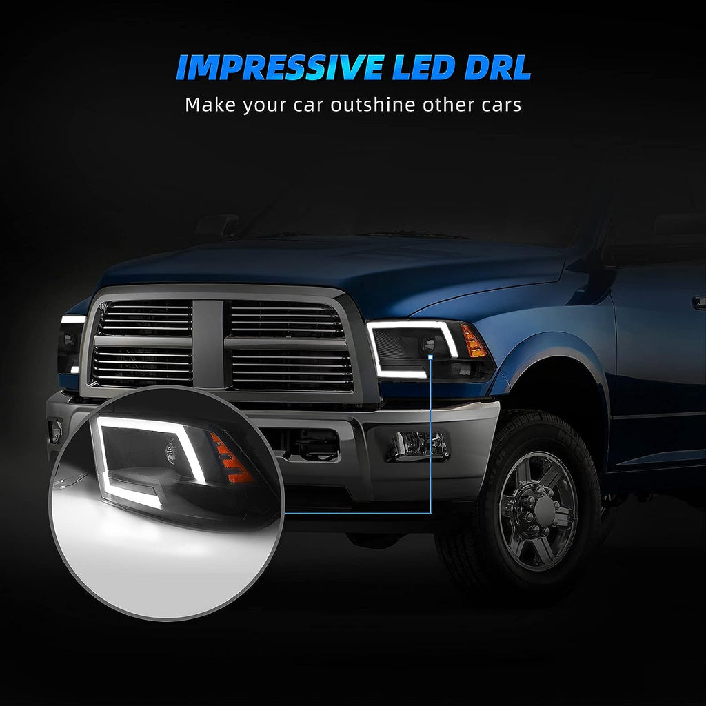 YITAMOTOR® Black LED Tube Projector Headlights Headlamps for 09-12 Dodge Ram 1500 2500 3500