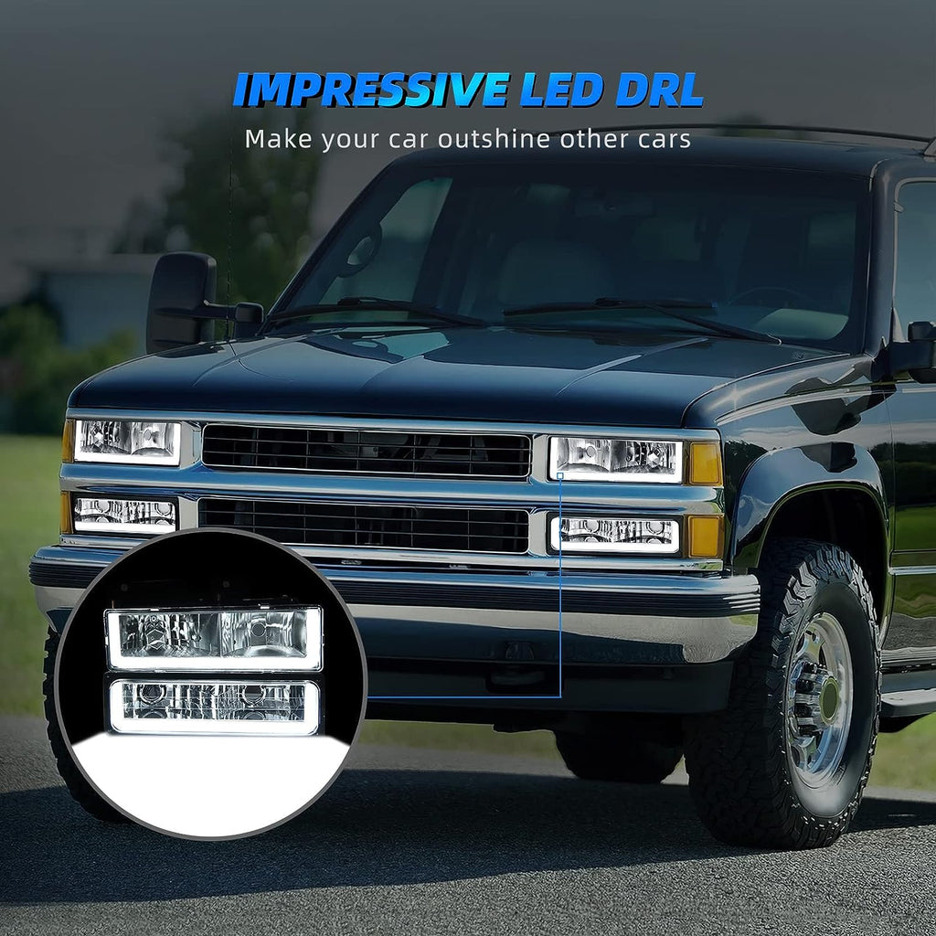 YITAMOTOR® LED DRL Headlights + Bumper Lamps For 90-99 Chevy C/K GMC C/K 1500 95-99 Tahoe