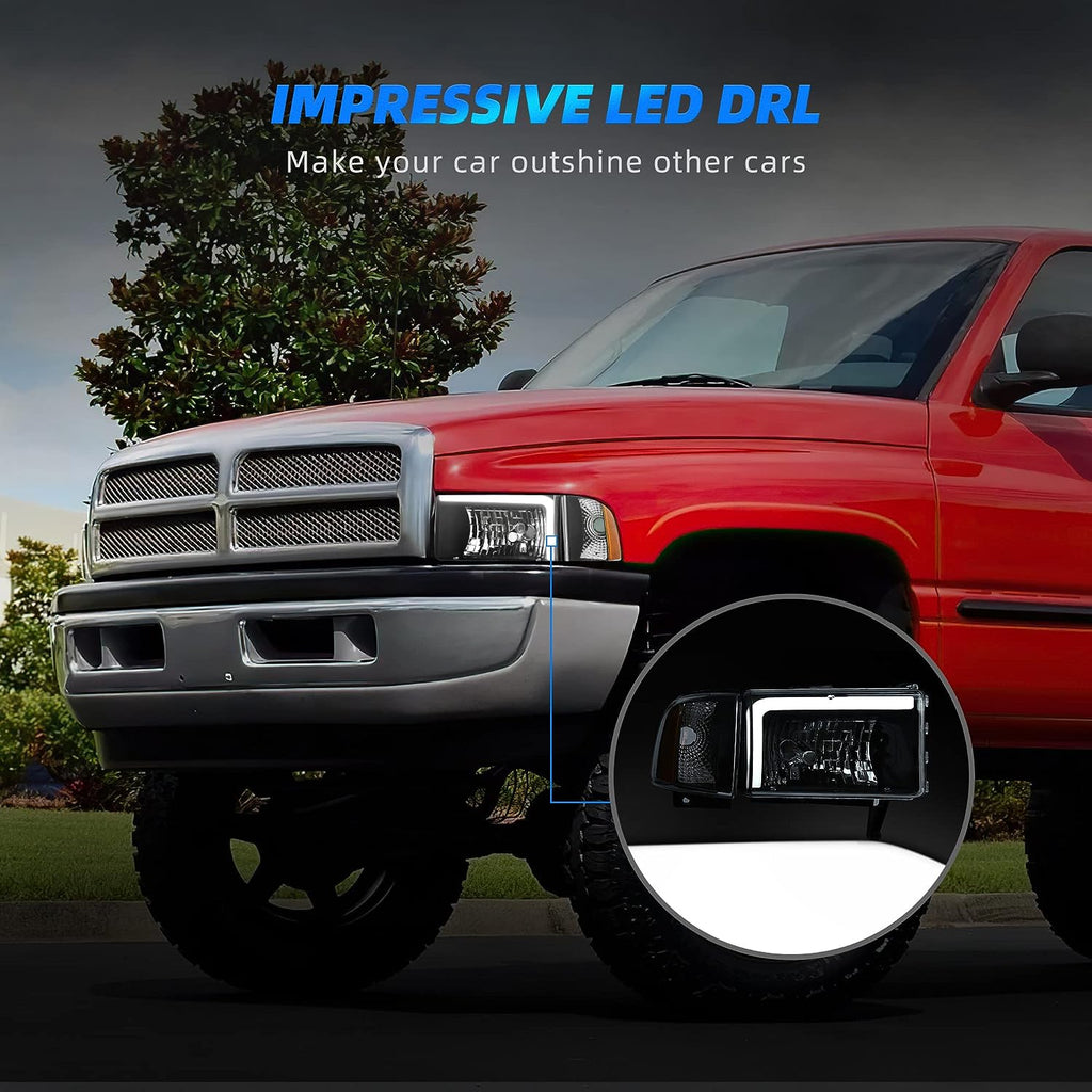 YITAMOTOR® LED DRL Corner Headlights Black/Clear Fit For 1994-2002 Dodge Ram 1500 2500 3500