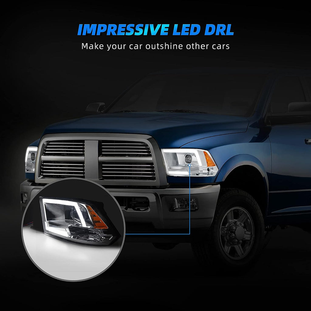 YITAMOTOR® Chrome LED DRL Bar Projector Headlights For 2009-2012 Dodge Ram 1500 2500 3500HD