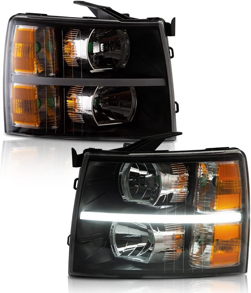 LED DRL Headlights Assembly Compatible with 2007 - 2013 Chevy Silverado 2007-2013 Headlamps Pair Black Housing Amber Reflector
