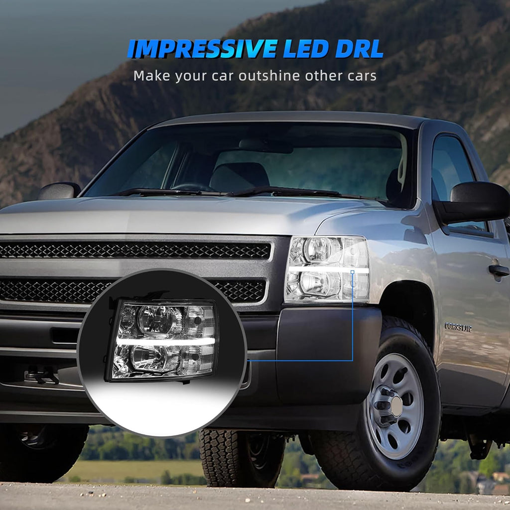 Conjunto de faros delanteros LED DRL compatible con Chevy Silverado 2007-2013 2007-2013 par de faros delanteros con carcasa cromada y reflector ámbar