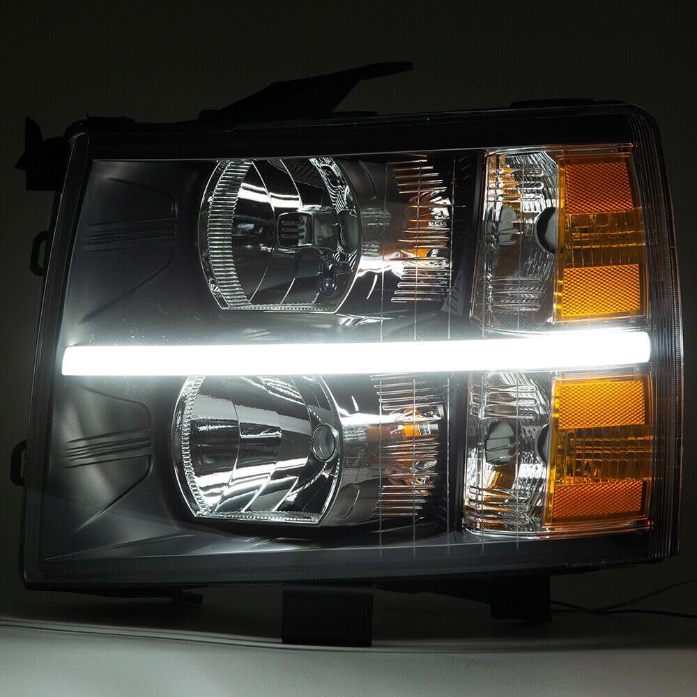 LED DRL Headlights Assembly Compatible with 2007 - 2013 Chevy Silverado 2007-2013 Headlamps Pair Black Housing Amber Reflector