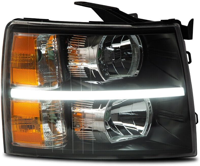Conjunto de faros delanteros LED DRL compatible con Chevy Silverado 2007-2013 2007-2013 par de faros delanteros con carcasa negra y reflector ámbar