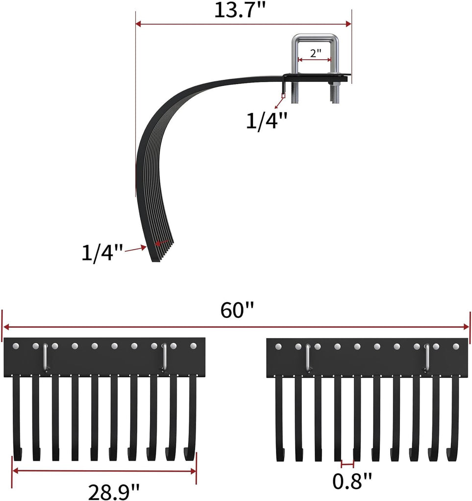 Landscape Rake Implement for ATV/UTV Removal of Rock Grass Bunches and Debris