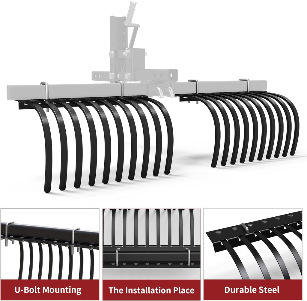 Landscape Rake Implement for ATV/UTV Removal of Rock Grass Bunches and Debris