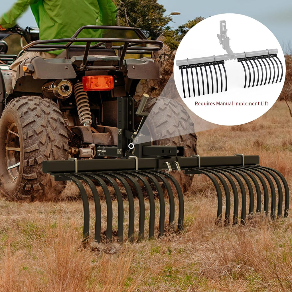 Implemento de rastrillo paisajístico para eliminación de restos y manojos de pasto de roca en vehículos ATV/UTV