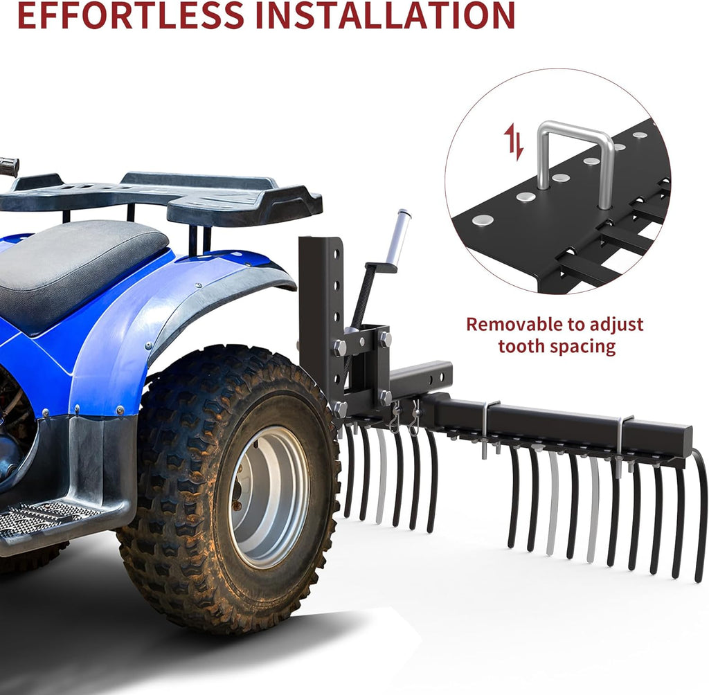 Implemento de rastrillo paisajístico para eliminación de restos y manojos de pasto de roca en vehículos ATV/UTV