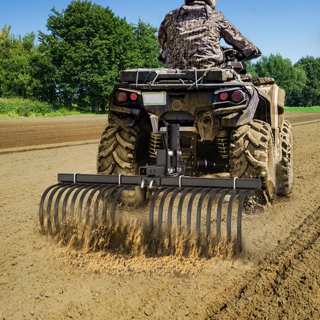 Landscape Rake Implement for ATV/UTV Removal of Rock Grass Bunches and Debris