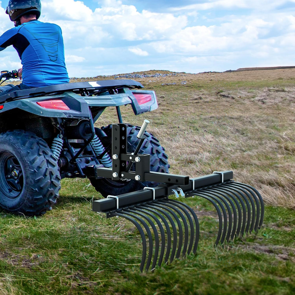 Landscape Rake Implement for ATV/UTV Removal of Rock Grass Bunches and Debris