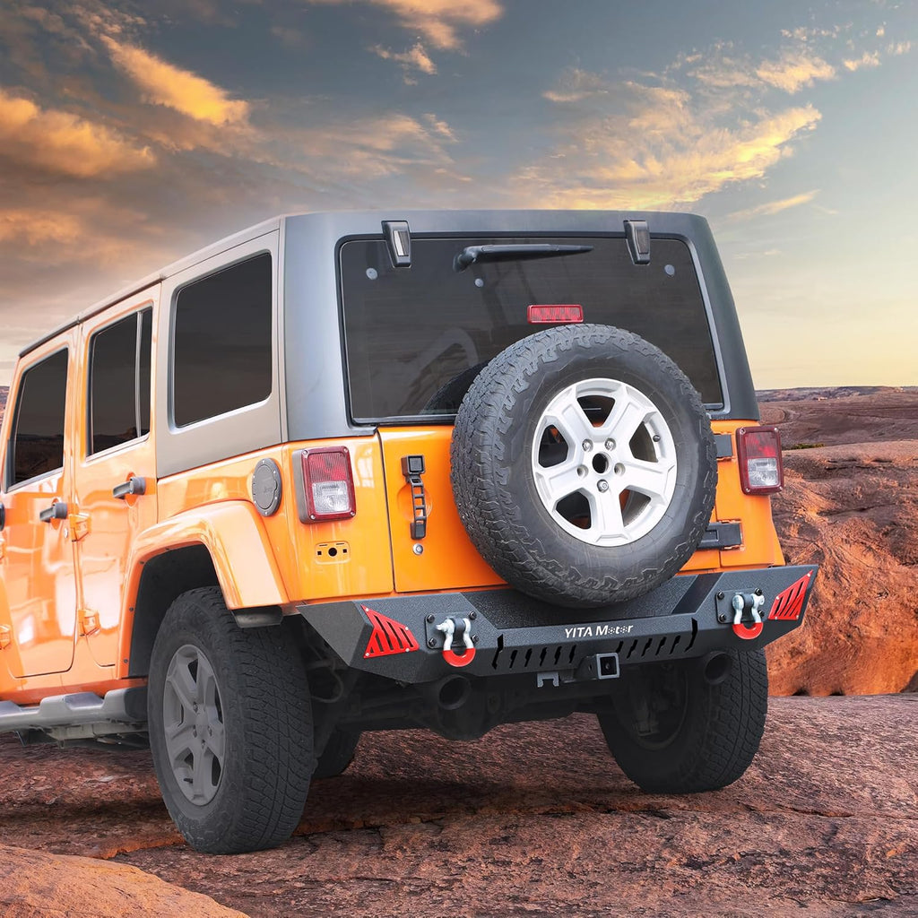 YITAMOTOR® Rear Bumper Compatible with 2007-2018 Jeep Wrangler JK & JK Unlimited (2/4 Doors), Rock Crawler Bumpers w/ 2" Hitch Receiver & D-Rings & Paintable Trim，Upgraded Textured Black