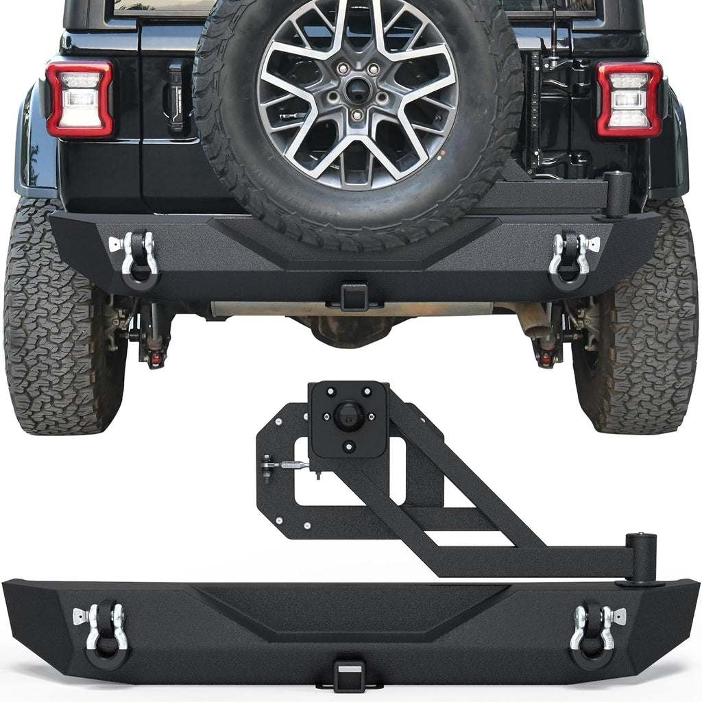 YITAMOTOR® Parachoques trasero con soporte para neumáticos compatible con Jeep Wrangler JL y JLU ilimitado 2018-2024 (2/4 puertas), parachoques trasero de ancho completo con receptor de enganche de 2" y anillos en D