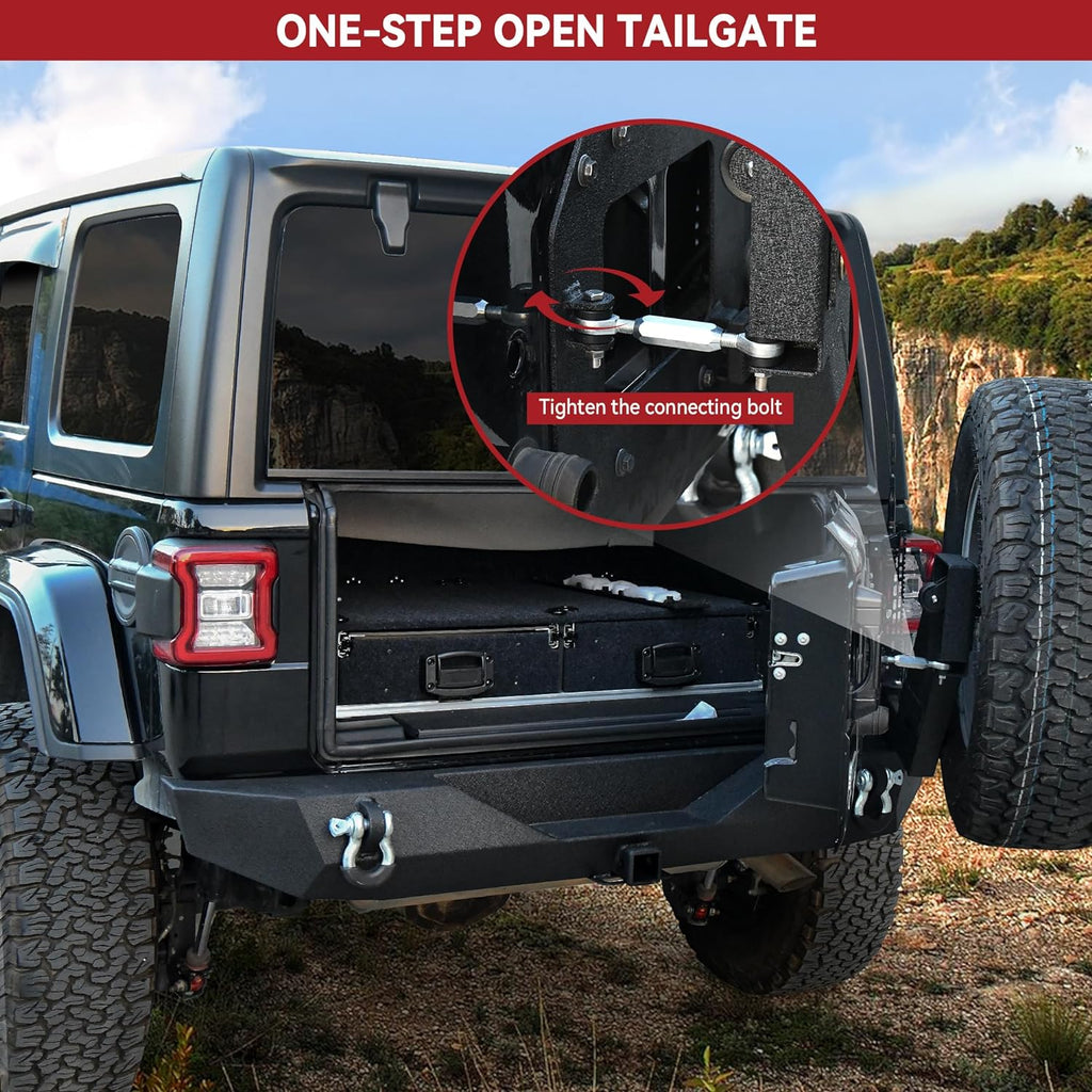 YITAMOTOR® Parachoques trasero con soporte para neumáticos compatible con Jeep Wrangler JL y JLU ilimitado 2018-2024 (2/4 puertas), parachoques trasero de ancho completo con receptor de enganche de 2" y anillos en D